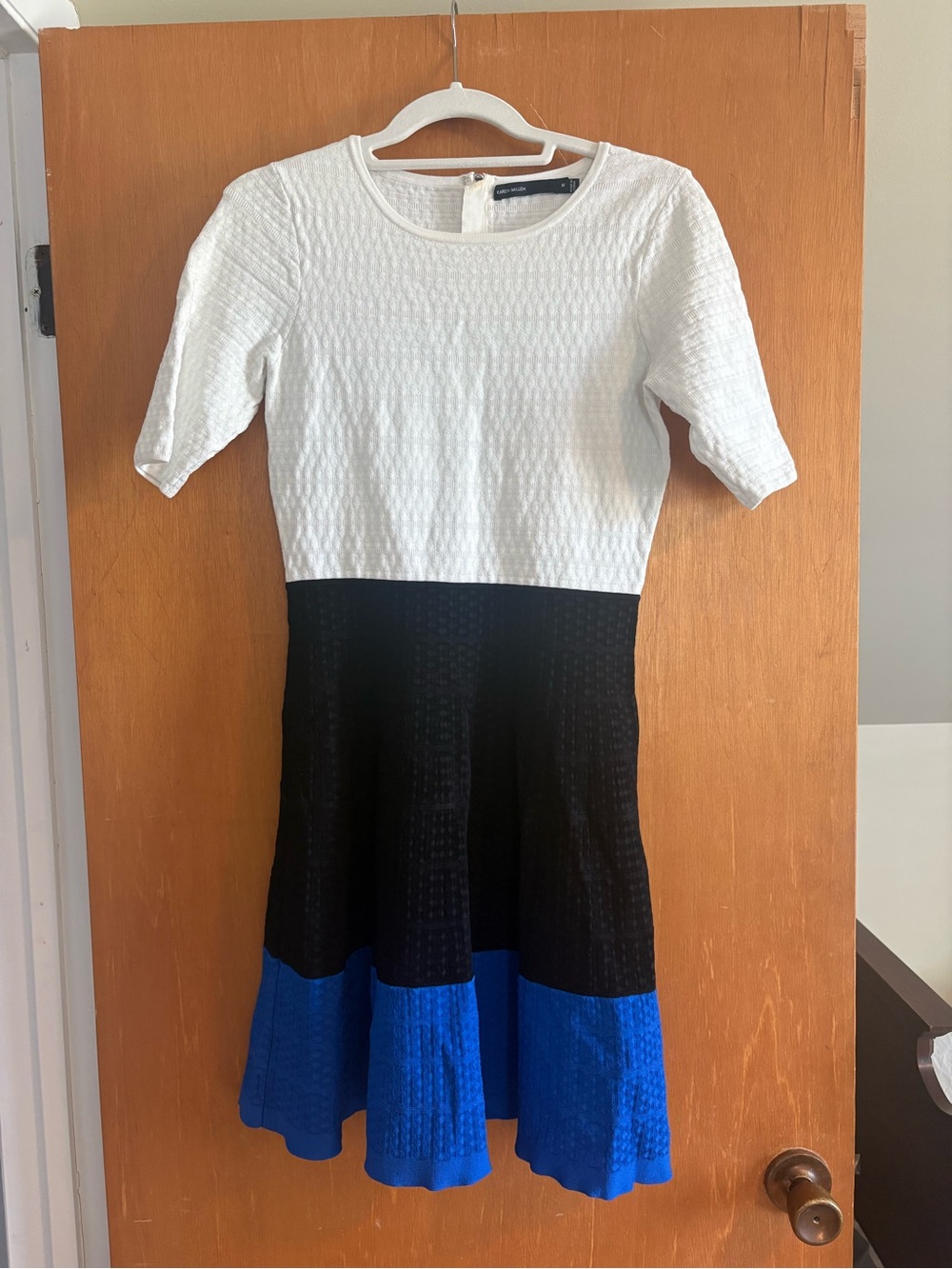 Karen Millen White, Black & Blue Textured Colorblock Midi Dress